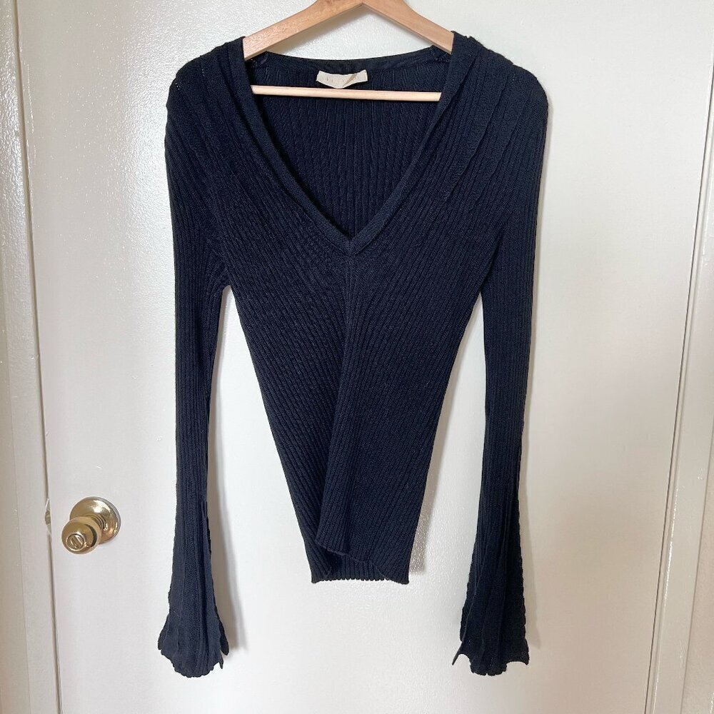 Valentino Black V-Neck Ribbed Wool Silk Cashmere Blend Sweater​​​​​​